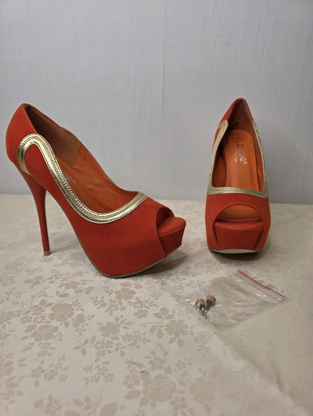 De Blossom Collection Sylvia-2 Orange Faux Suede Peep Toe Platform Heels 7.5